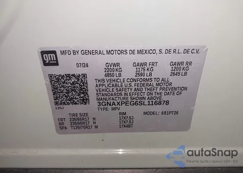 2025 Chevrolet Equinox Awd Lt z USA, uszkodzony, nr VIN 3GNAXPEG6SL116878